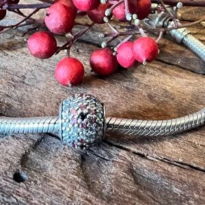 Authentic Pandora Charm Shimmering Pink Blossom Pave Bead Flower Floral Black Cz